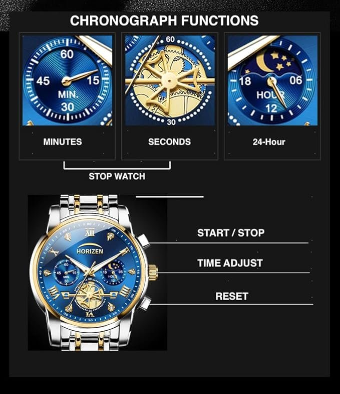HORIZEN Stainless Steel Chronograph Luxury Analogue Watch for Men (Blue Dial) - Image 5