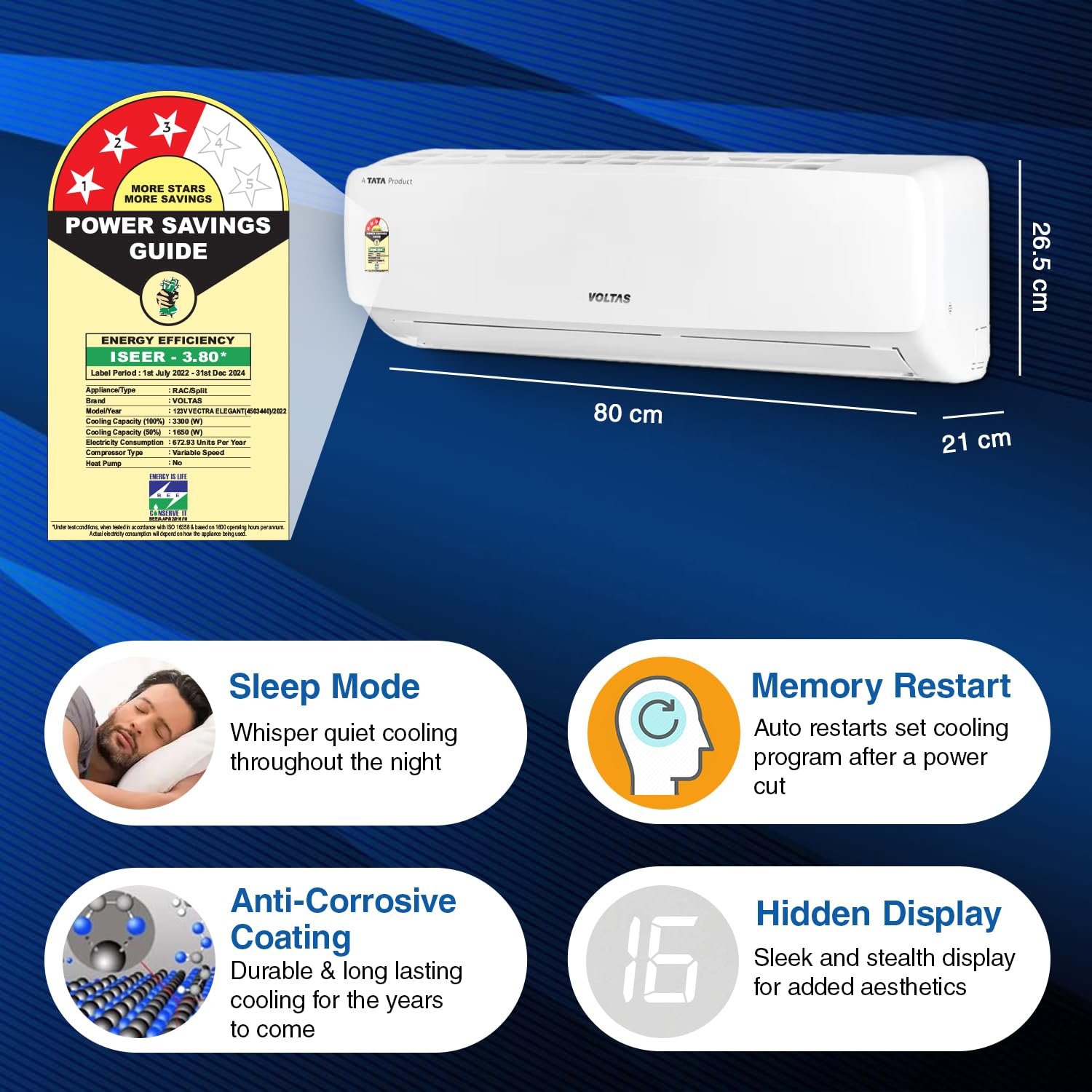 Voltas 1 Ton 3 Star, Inverter Split AC (Copper, LED Display, Anti-dust Filter, 123V Vectra Elegant, White) - Image 5